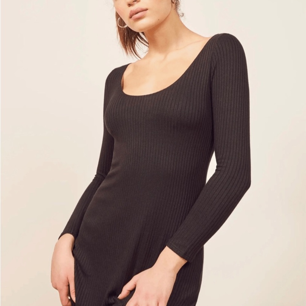 Reformation Rosario Ribbed Black Long Sleeve Dress